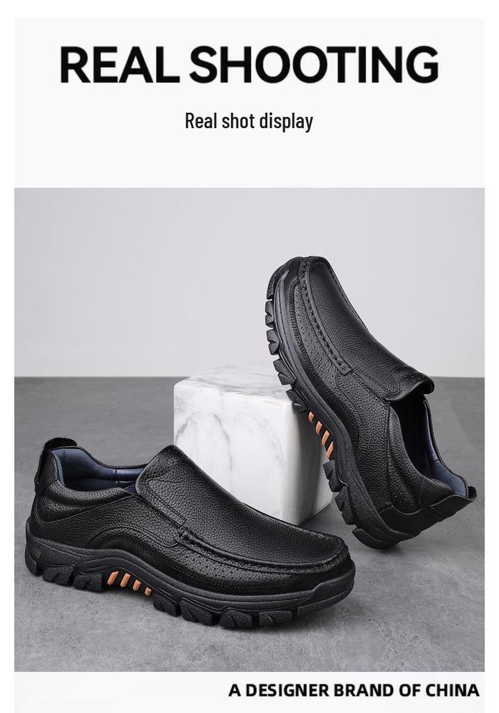 Men's Large Slip-On Leather Shoes: Breathable, Soft Sole, Anti-Slip Casual Comfort for Middle-Aged Dads