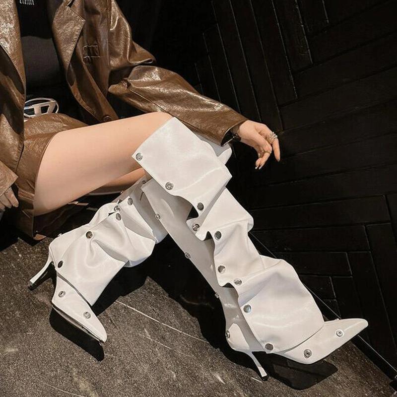 Fashion High Heel Long Boots for Women Botte Winter Boots Shoes Botas Mujer Thin Heeled Pointed Denim Metal Button Shoe Zapatos De Mujer