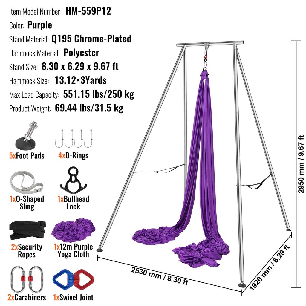 SucceBuy Aerial Yoga Frame & Hammock 9.67 ft Yoga Swing Stand W/13.1 Yards Aerial Hammock Max 551lbs Yoga Rig for Indoor Outdoor