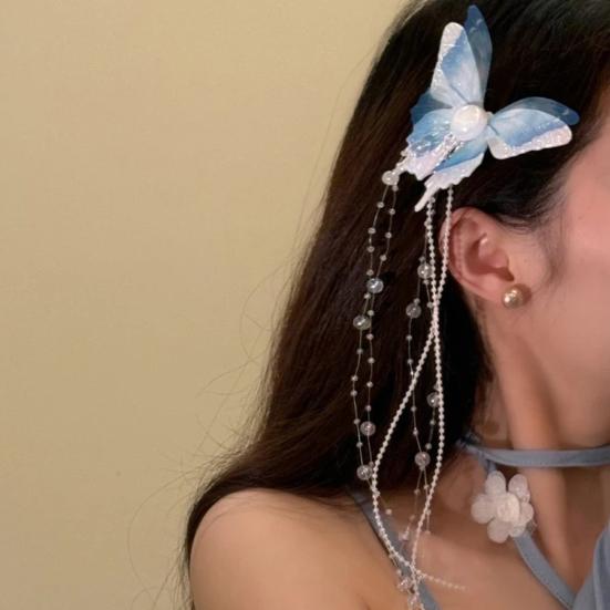 Girls Hair Pin Butterflies Decor Faux Pearls Beaded Long Tassel Hair Clip Wedding Prom Birthday Hair Barrette