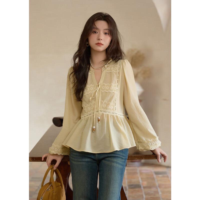 Mishow Early Autumn Lace Patchwork Puff Sleeve Top S