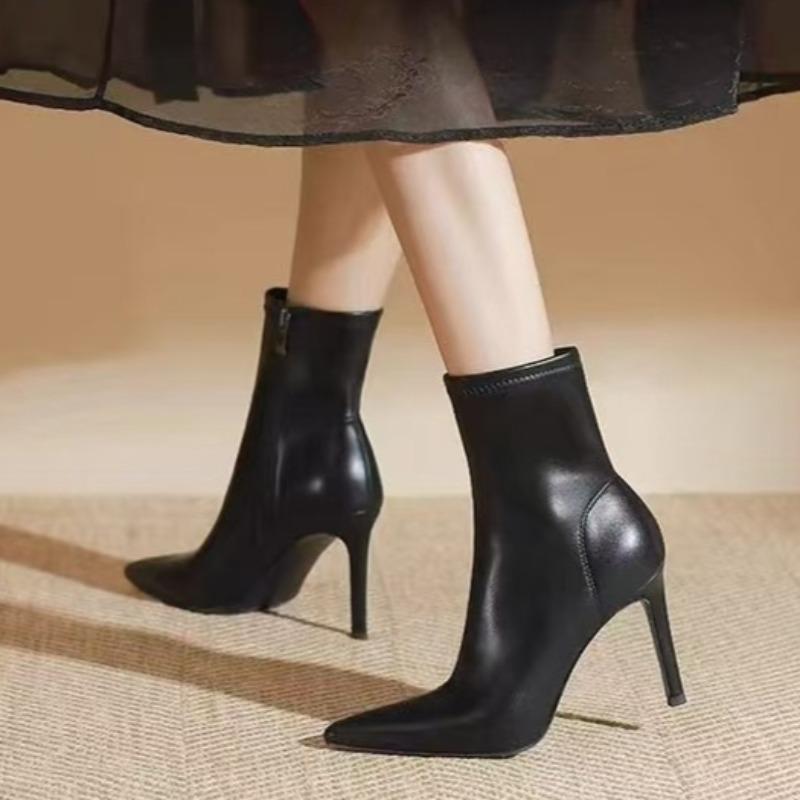 

Side Zip Slim Heel Single Boots Women s Pointed Toe Non-Slip Wear-Resistant Short Cylinder 40 чёрный