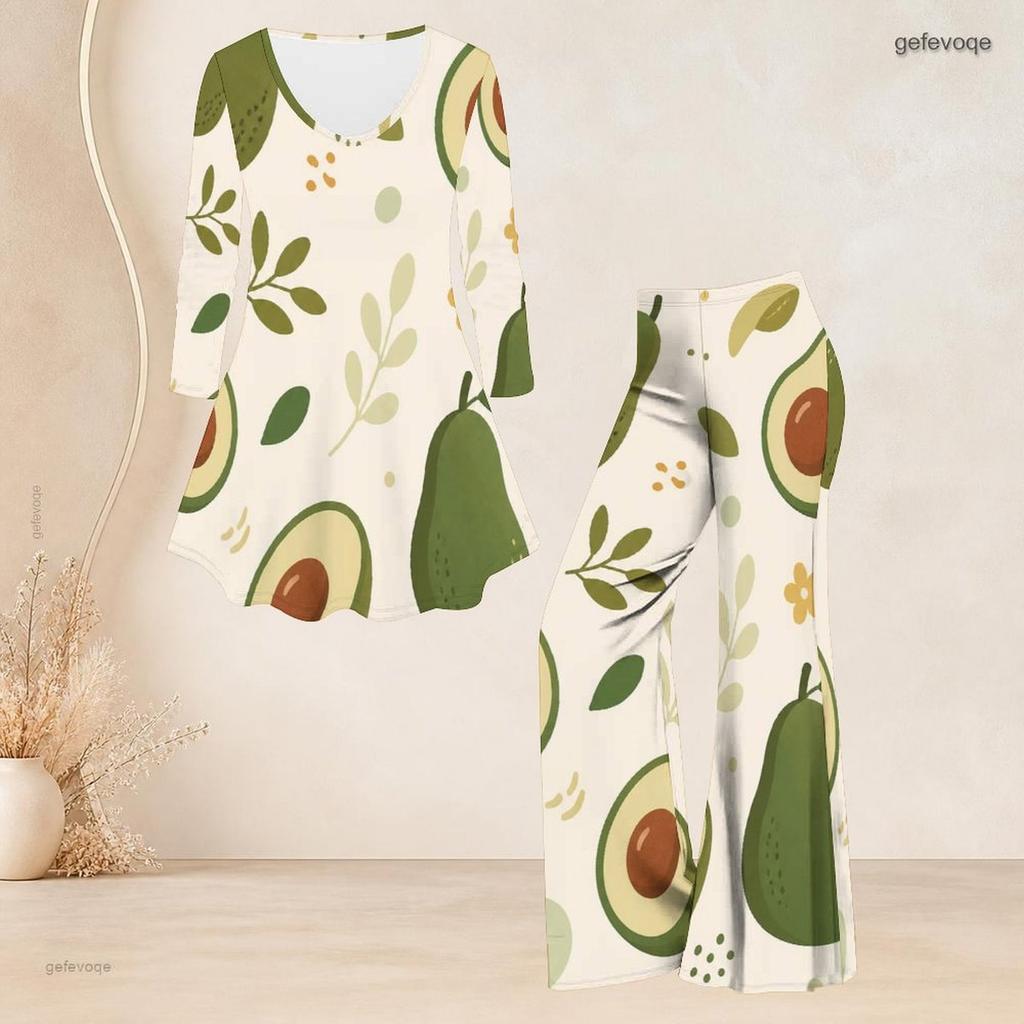 Women Plus Size Round Neck Three Quarter Sleeve Printed Flared Top Flared Pants Two Piece Set