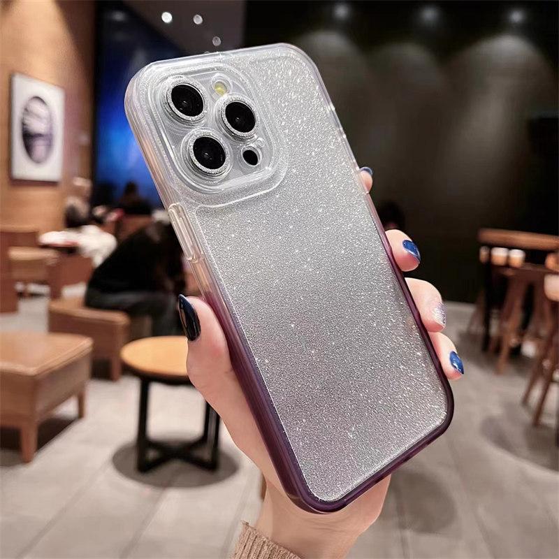 Luxury Gradient Color Glitter Paper 2-in-1 Case for iPhone 15 Pro Max 14 13 12 Pro 11 Full Cover with Glitter Lens Film Cover