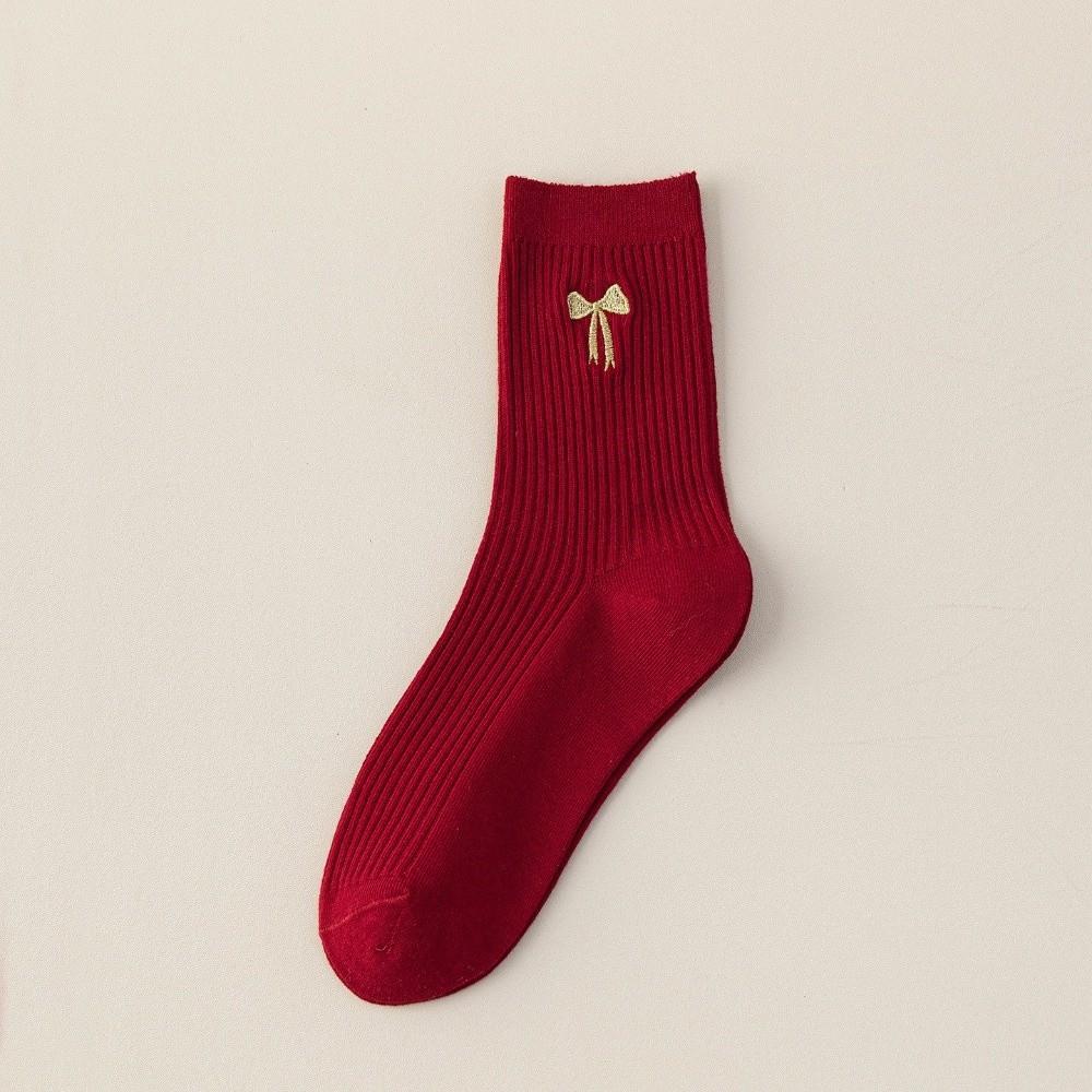 New Cartoon Embroidery Cotton Socks Red Casual Mid Tube Socks Sweat Absorption Anti-slip Socking Autumn Winter