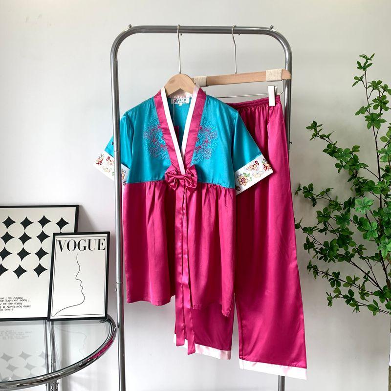 

New Arrival Pajamas for Women Spring and Summer Short Sleeve Pants K-style Da Changjin Ice Silk Suit Ethnic Style Comfortable Homewear Rose Red XL