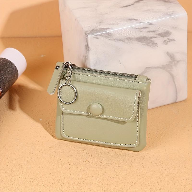 Casual Style Zip Wallet With A Keychain Solid Color Coin Purse Mini Card Holder Key Pouch And Wet Wipes For Cleaning