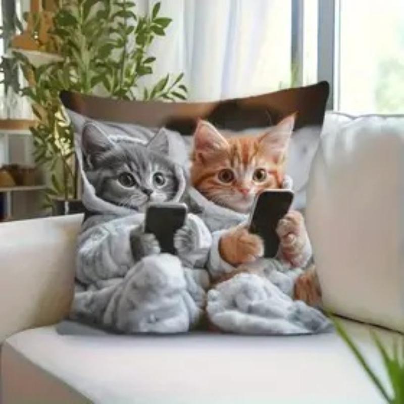 2D Print Cat Pillow Cover with Phone-Playing Design Short-Pile Plush Cute Cat Living Room Sofa Decorative Pillowcase