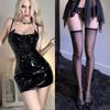 Sex Unterwäsche Sexy Netzstoff Spleißung PU Glänzendes Leder Skinny Ultra Kurz Hüftwickel Halloween Kleid Flirten Sex Spaß Kostüm