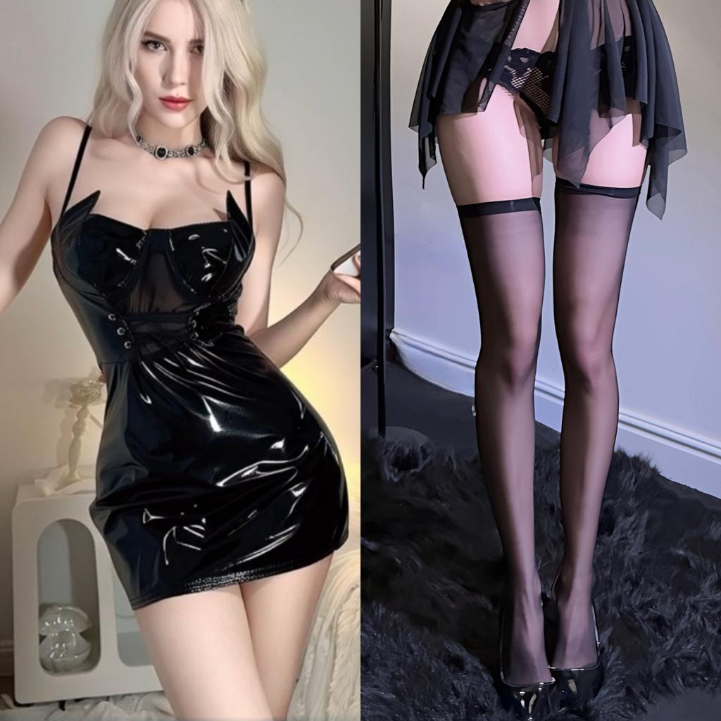 Sex Unterwäsche Sexy Netzstoff Spleißung PU Glänzendes Leder Skinny Ultra Kurz Hüftwickel Halloween Kleid Flirten Sex Spaß Kostüm