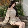 2026 European and American summer new atmosphere one-word shoulder solid color waist thin long sleeve hip wrap dress women