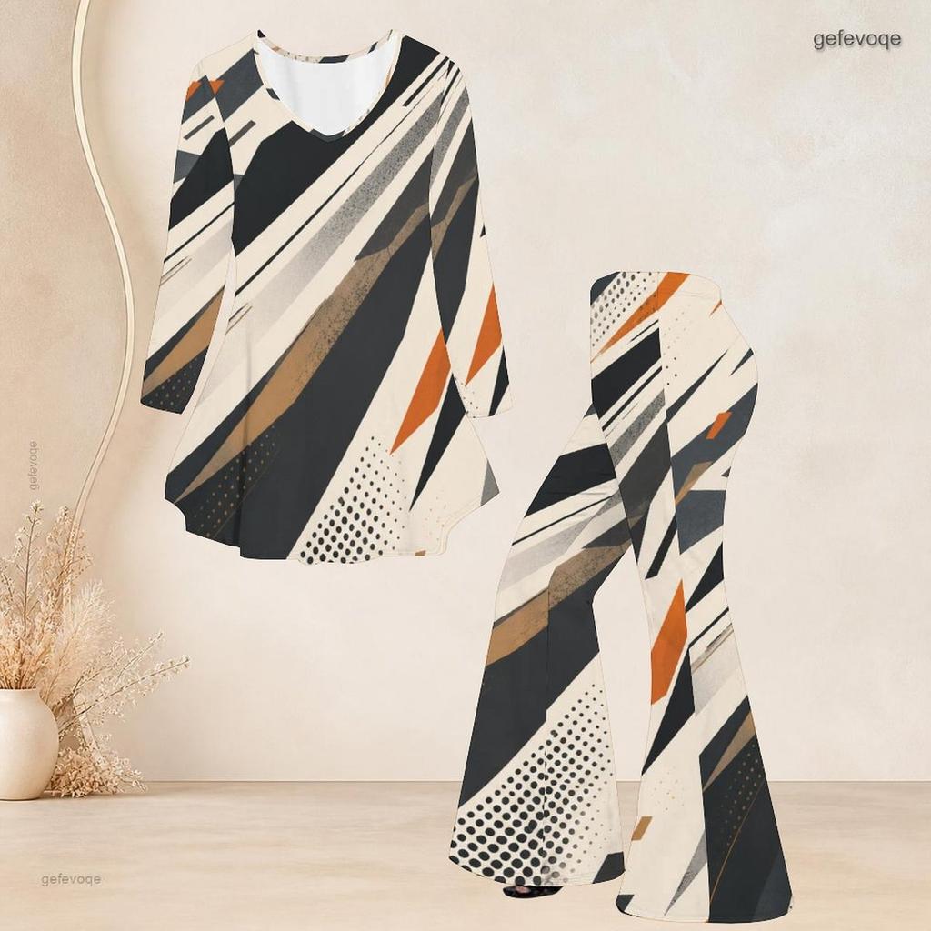 Women Plus Size V Neck Long Sleeve Navy Blue White Printed Top And Flared Pants Two Piece Set