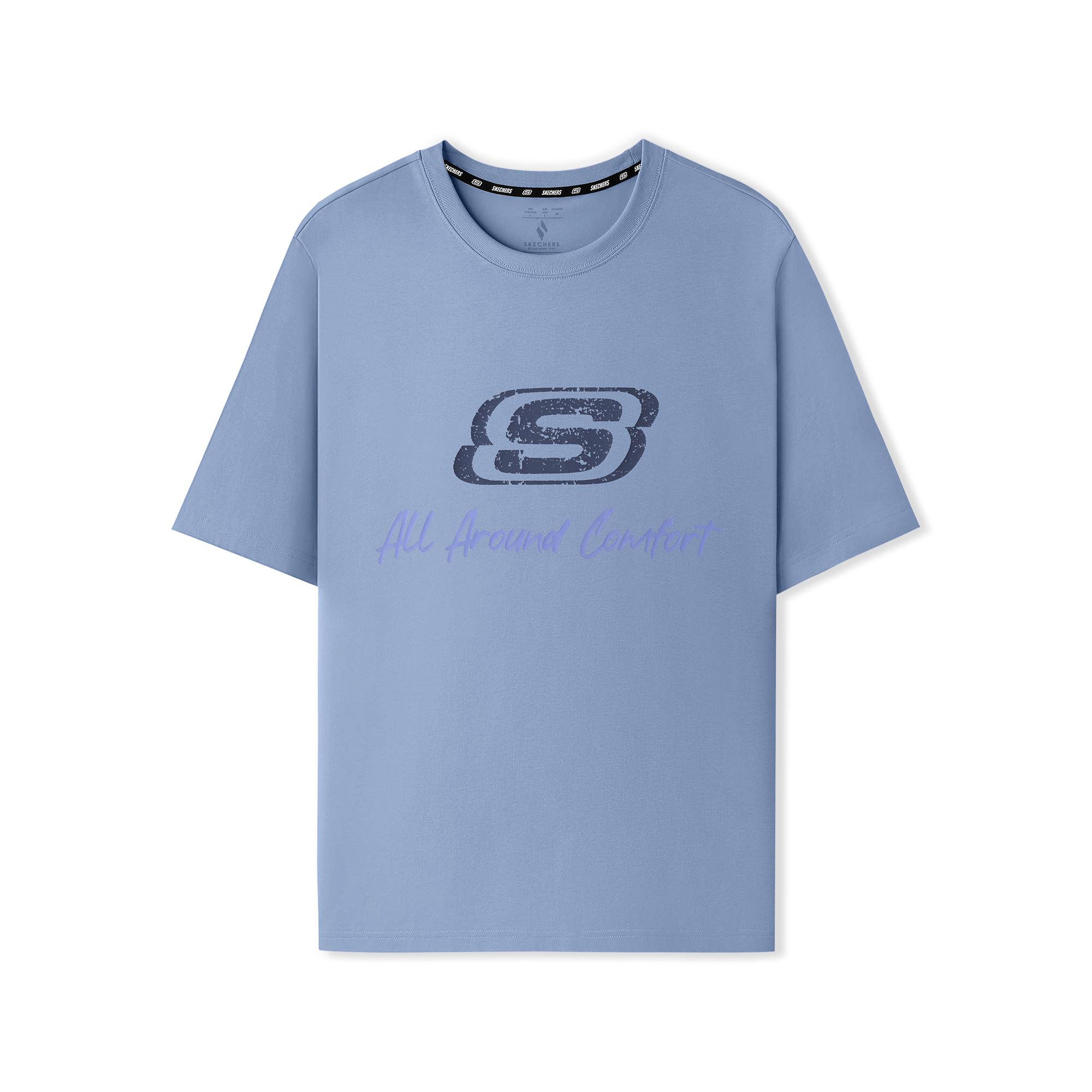Skechers Knit Cool Comfort Soft Basic Versatile Fashion Simple Round Neck Short Sleeve T-Shirt Unisex tops Stone-Wash-Blue L225U129-053K XS