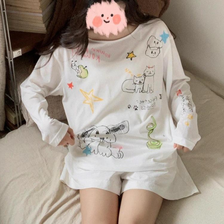 American retro hand-painted fun cartoon slightly transparent long-sleeved t-shirt women's loose college style casual versatile sunscreen top