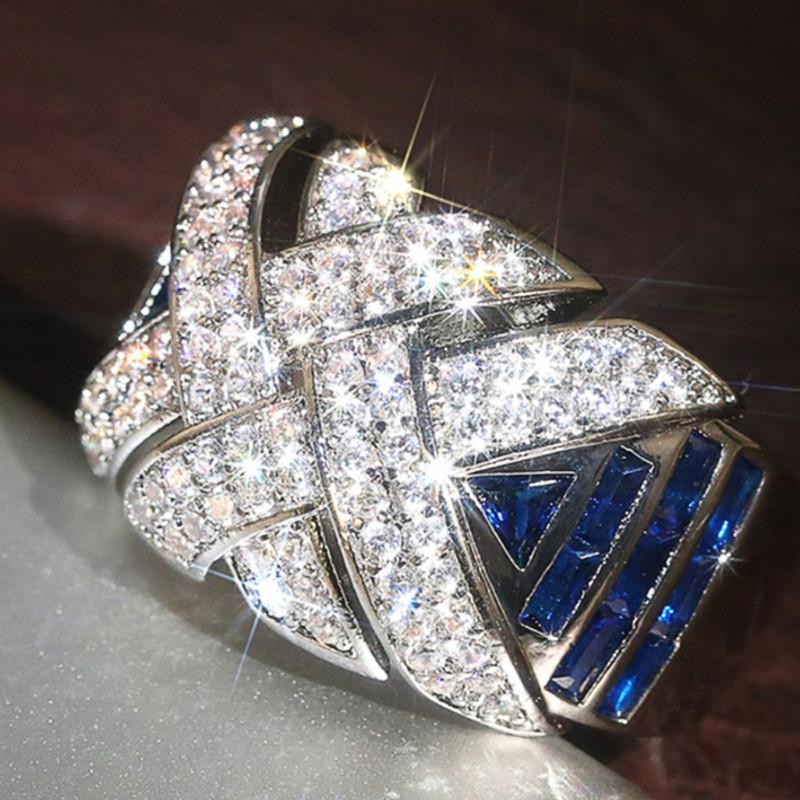 925 Sterling Silver Wide Ring Female Anniversary Party Jewelry Bright White/Blue Zirconia Finger Accessories for Women