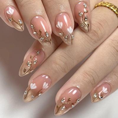 Almond Shape Rhinestone Wearable Nails - Fresh Spring Style, 30 Pieces Set
