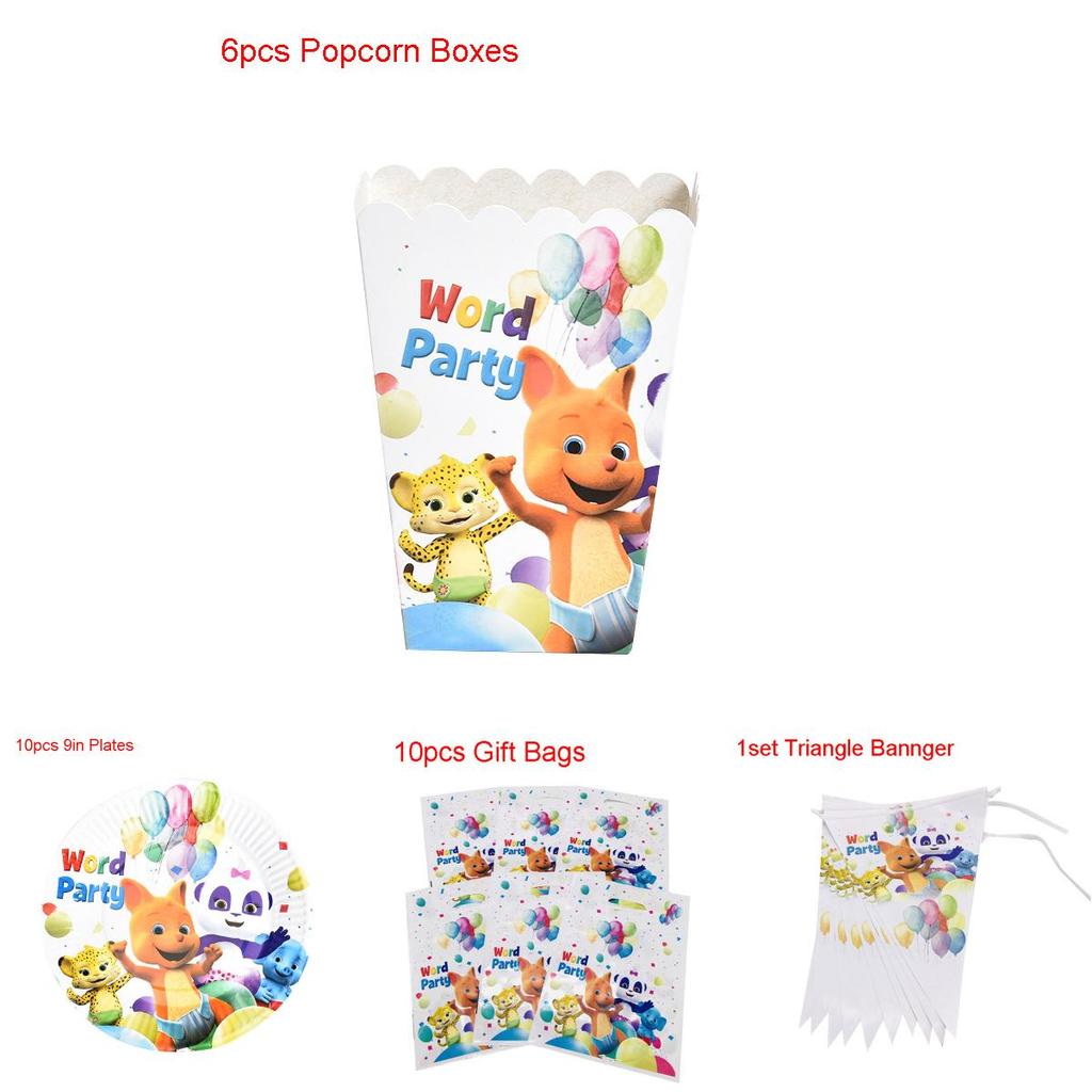 Kompletní párty potřeby s tématem Word Party pro zábavné dětské narozeninové oslavy, včetně talířů, kelímků a ozdob na dort
