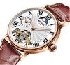 KINYUED Men Rose Gold Watch Moon Phase Open Heart Skeleton White Dial Roman Numerals Brown Crocodile Leather Strap 3ATM Waterpro