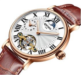 KINYUED Men Rose Gold Watch Moon Phase Open Heart Skeleton White Dial Roman Numerals Brown Crocodile Leather Strap 3ATM Waterpro