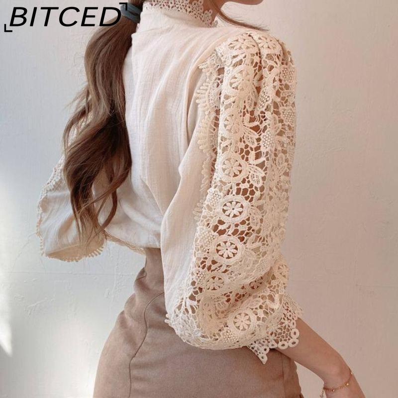 BITCED Women's Loose-fitting, Distinctive Button-down Lace-trimmed Floral Appliqué Shirt