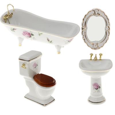 1/12 Dollhouse Mini Furniture Ceramic Bathroom Set Toilet Bathtub Dolls Kids Role Play Toys Gift Dollhouse