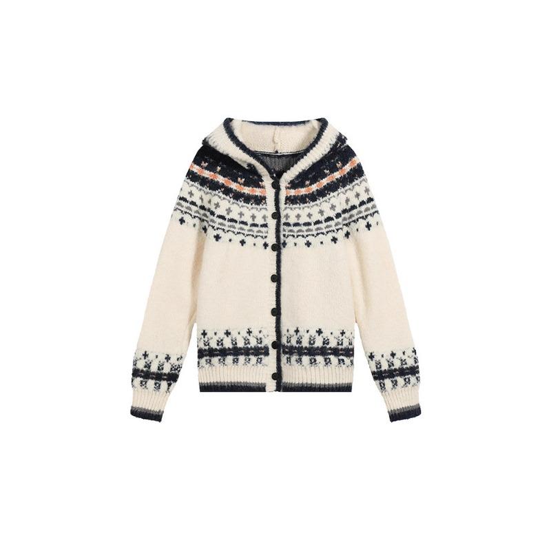 Fair Island Jacquard Hooded Knitted Sweater Women's Autumn and Winter Wear Loose Lazy Wind Thickened Top Cardigan Jacket