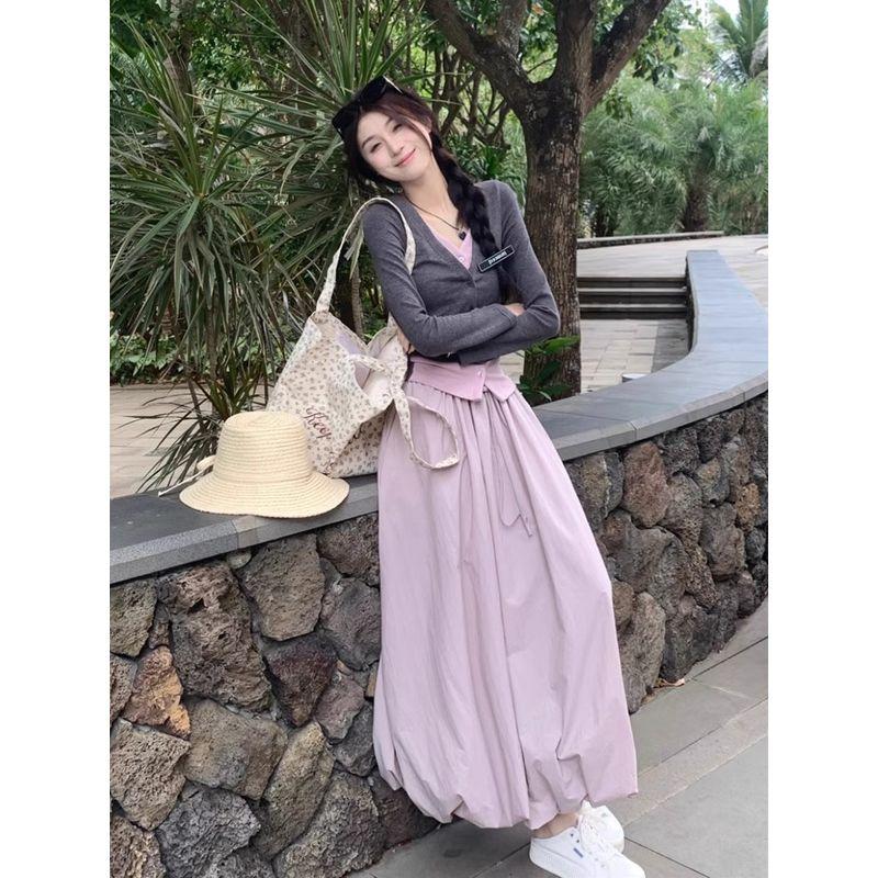Kumikumi Design Temperament Fake Two Pieces Long Sleeve Knit Women Autumn High Waist Slimming Skirt Two-piece Set