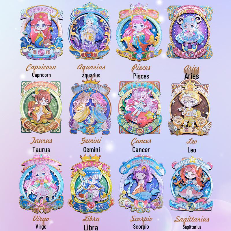 Soft Magnetic Wooden & Aluminum Foil Cartoon Zodiac Refrigerator Magnet Set