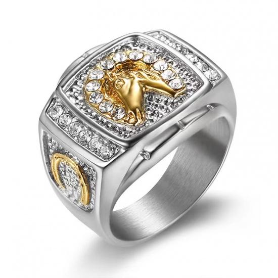 Hot Selling Hip Hop Jewelry Titanium Steel Gold Plated Diamond Inlaid Horse Head Men's Ring