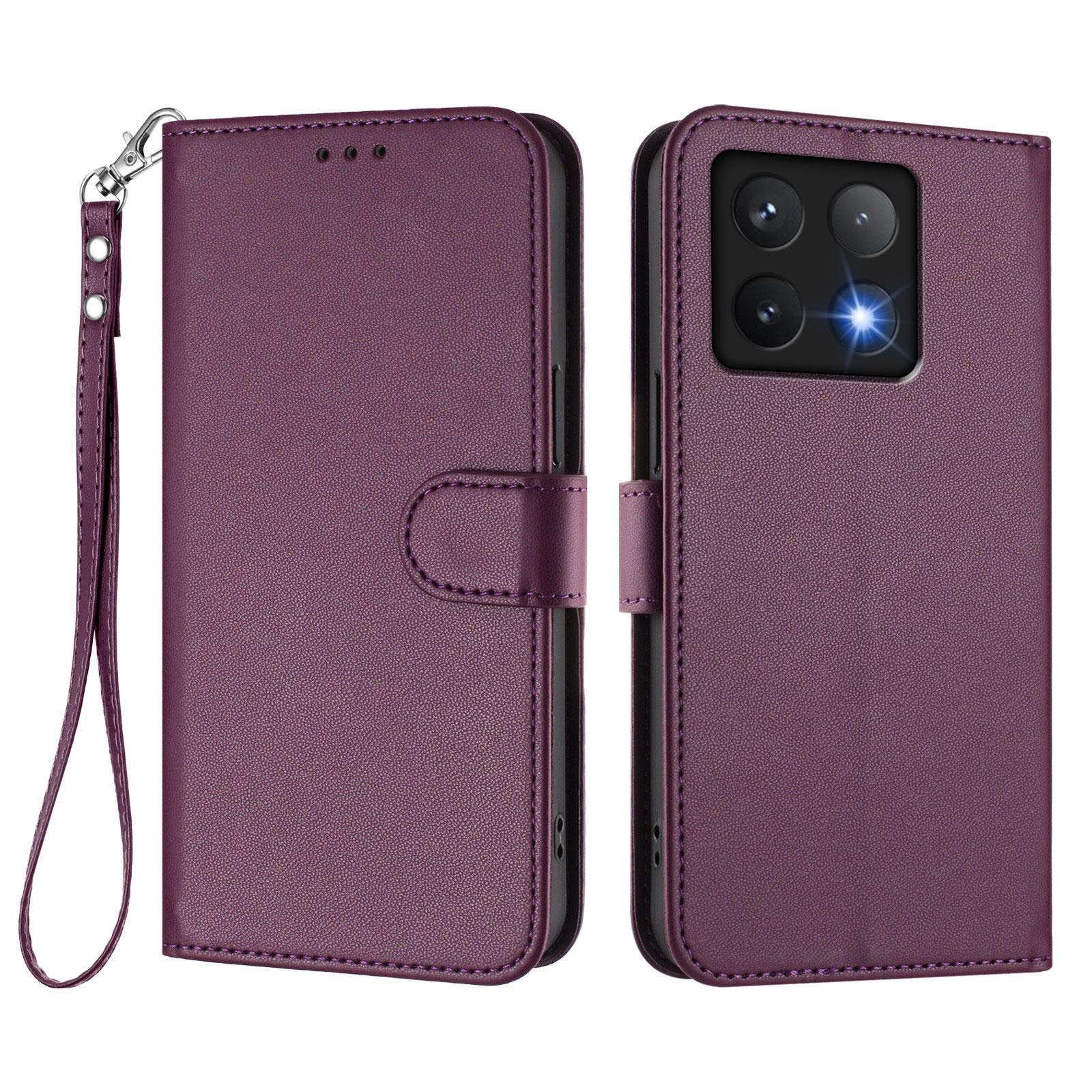 

For Xiaomi 14T Leather Case Wallet Stand Phone Cover with Wrist Strap Purple