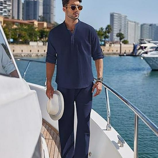 2024 Men's Solid Color Cotton Linen Henley Shirt & Long Pants Set - Autumn/Winter Casual Wear