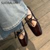 Fashion SUOJIALUN Big Size 35-41 Women Vintage Flats Shoes Leather Lace-Up Low Heels 2025 Shoes Classic Suqare Toe Casual Loafers