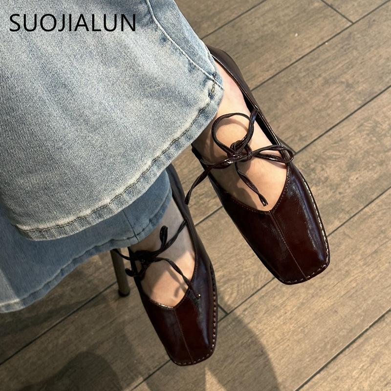 Fashion SUOJIALUN Big Size 35-41 Women Vintage Flats Shoes Leather Lace-Up Low Heels 2025 Shoes Classic Suqare Toe Casual Loafers