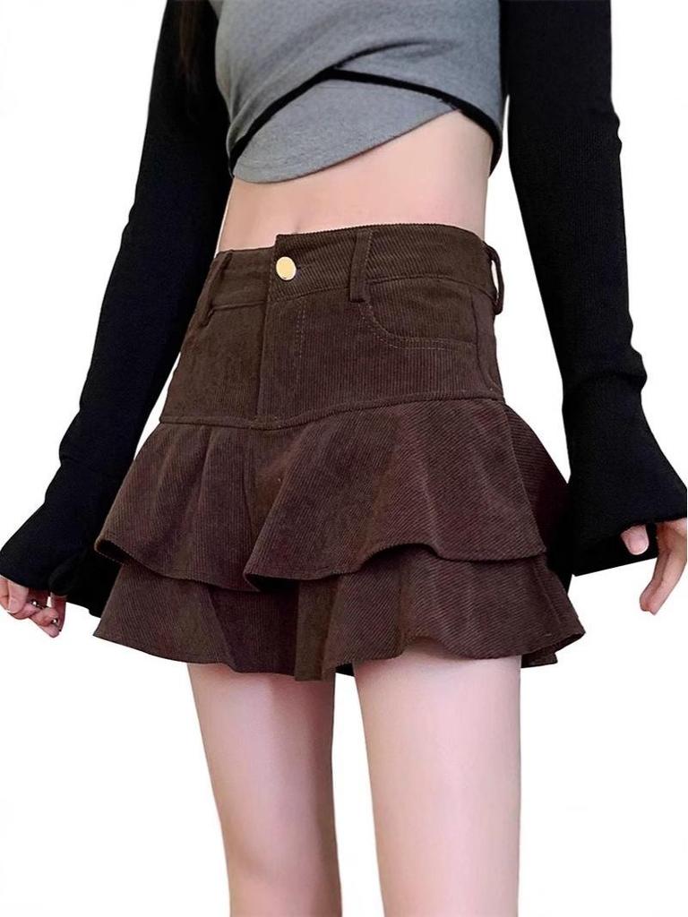 2024 New Autumn/Winter Women's Petite High Waist Double Layer Corduroy Fishtail A-Line Skirt