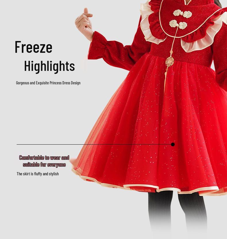2026 Spring Festival Girls' Princess Dress - New Chinese Style Formal Wear for New Year