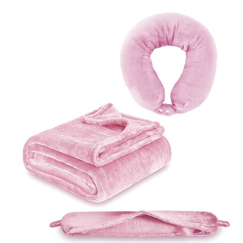 Inflatable Travel Neck Pillow with Portable Flannel Fleece Blanket and Zipper Storage Bag