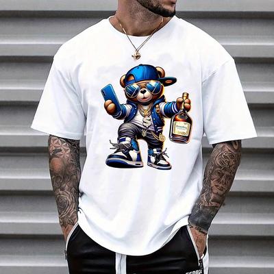Men's Summer 100% Cotton Fashionable Casual Loose Large Size Cartoon Bear Printed Sports Round Neck Short Sleeve T-shirt Top