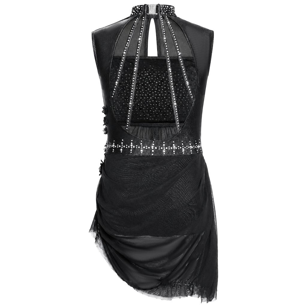 Girls Figure Skating Sleeveless Mesh Overlay Rhinestones Asymmetrical Dress Dancewear