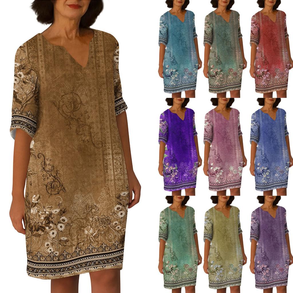 Dresses For Womens Vintage Print Tunic Waisted Midi Dress Summer Casual  Half Sleeve Dress
