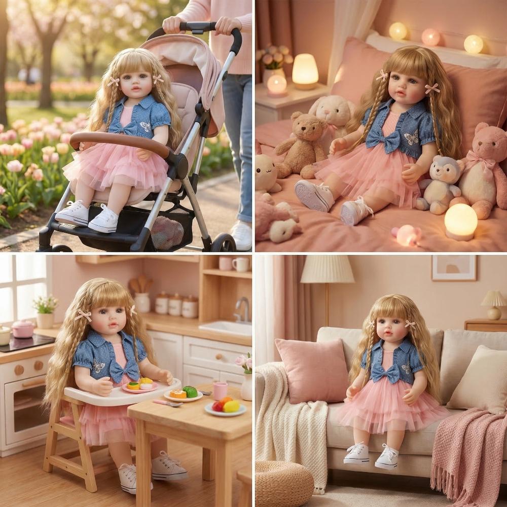 Lifelike 22 Inch Reborn Baby Girl Dolls Betty Full Silicone Body Simulation Doll Realistic Curvy Long Hair Rebirth Dolls for Children Holiday Gifts
