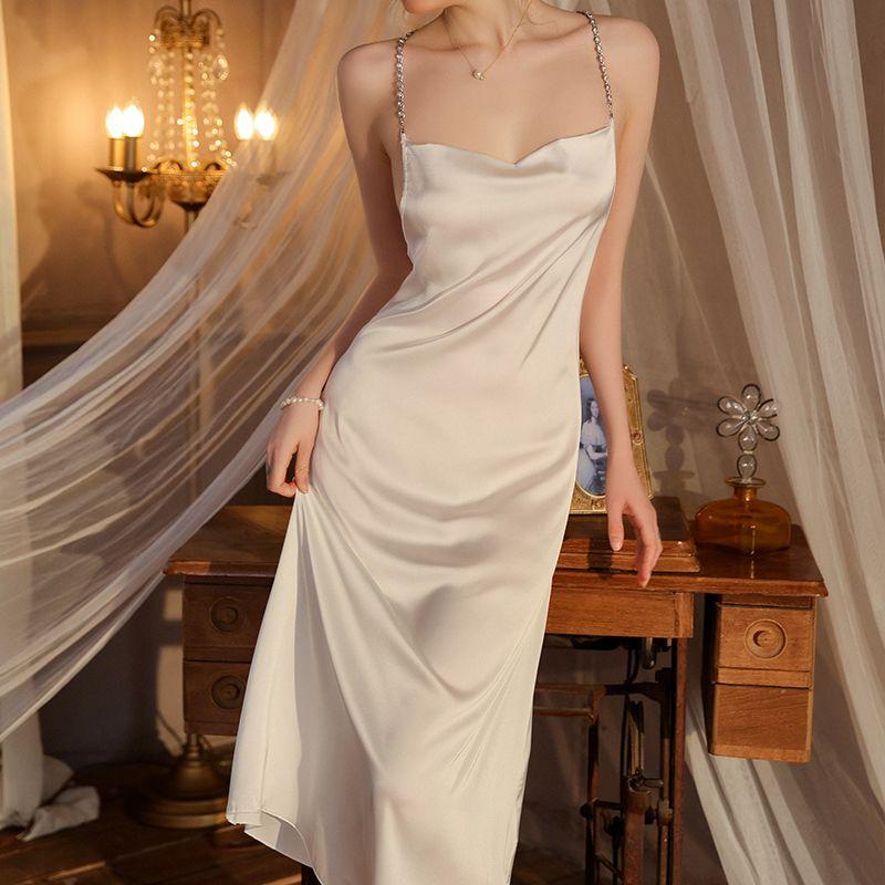 

Good Morning with You: Fancy Rhinestone Chain Strap Swing Collar Nightdress Long Sexy Ice Silk Open Back Pajamas Pure Desire White 165 (L)