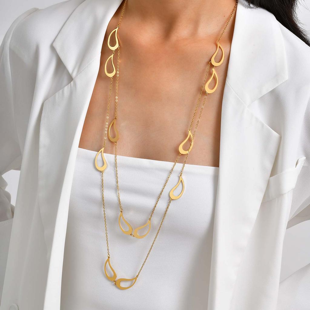 Women's Double Layer Necklace Long Chain Stainless Steel Hollow Teardrop Pendant Silver Color Layered Jewelry