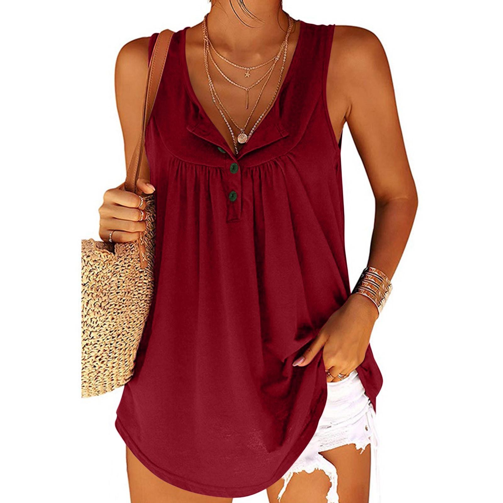 

Women s Fashion Casual Loose Pleated Button Sleeveless Vest Tank Top XL винний