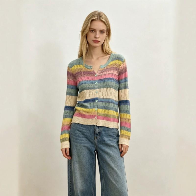 Womens Winter V-Neck Knit Cardigan Striped Color-Block Long Sleeve Sweater Casual Elegant