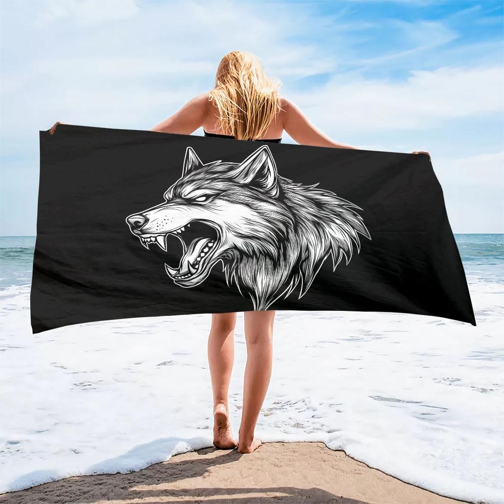 1pc Microfiber Large Beach Towel with Wolf Design - Extra Absorbent, Quick-Drying, Lightweight & Compact for Travel, Swimming