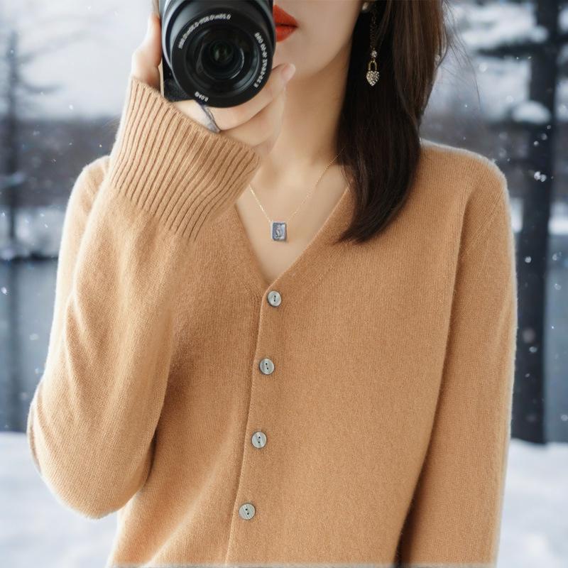 Кардиган, вязаная базовая рубашка, V-образный вырез, длинный рукав, внешний свитер, корейская версия 2XL хаки