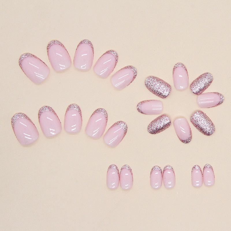 24 Pieces Short Round Head Flash Red Pink French Wearing Armor European and American Spice Girls Fake Nails Wearable Manicure Nails