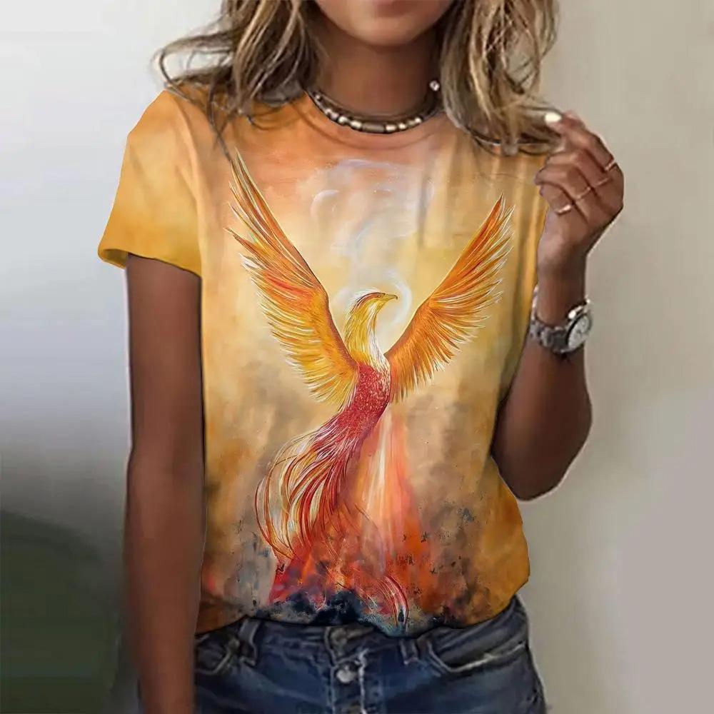 

Летняя женская футболка с модным узором «Феникс», топ с короткими рукавами, свободный топ с круглым вырезом, женская футболка для вечеринок 2XL