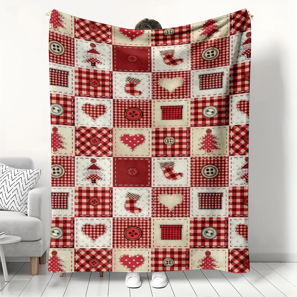 

Christmas Patchwork Style Fleece Blanket Red Plaid with Santa Sock & Tree Pattern Cozy Throw Blanket for Couch Bed Gift for Home 30x40in