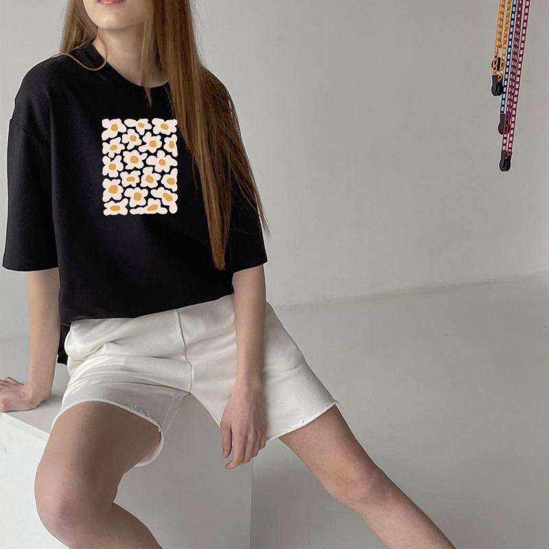 Hirsionsan Little Daisy Print T Shirt Women 2021 New Basic 100% Cotton Summer Tops for Girl Korean Sweet Short Sleeve Female Tee Cute Flower Clothing